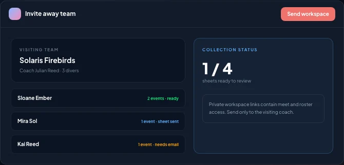 Away-team handoff crop with roster preview, coach contact, and private workspace status