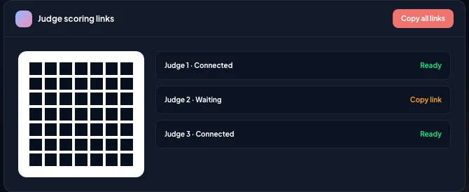 Judge invitation modal crop with QR code, seat status, and copy-link control