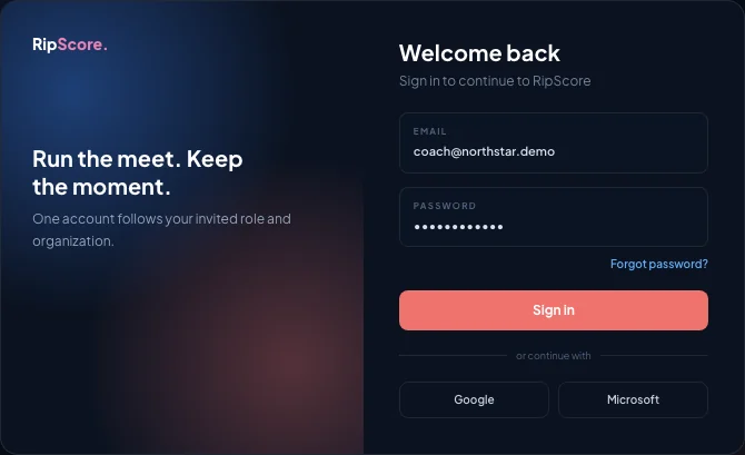RipScore sign-in crop showing email, password, reset, and social sign-in choices