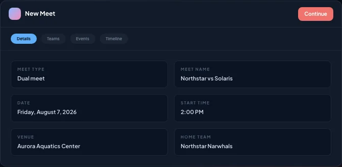 New meet details crop with meet type, date, start time, venue, and home team