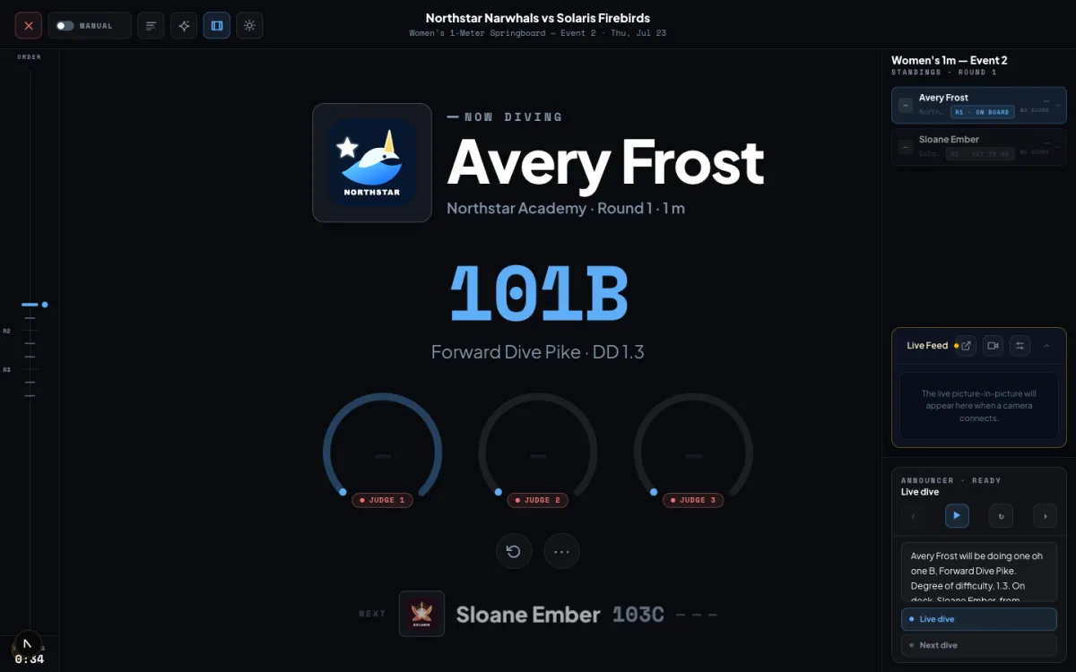 Privacy-safe demo director console showing Avery Frost, dive 101B, judge dials, standings, and announcer controls