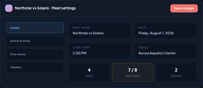 Scheduled meet settings crop with Details, Events and Divers, Dive Sheets, and Timeline sections plus editable date, time, and venue fields
