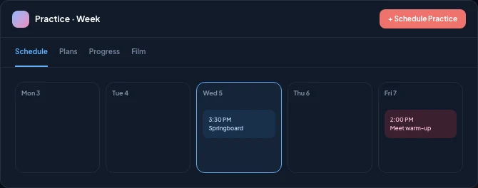 Practice calendar crop with a weekly schedule and Schedule Practice action