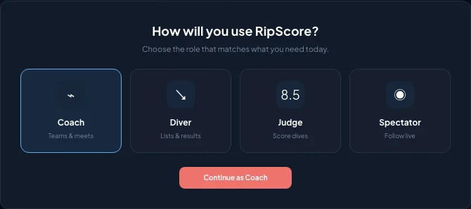 RipScore onboarding crop showing Coach, Diver, Judge, and Spectator role cards