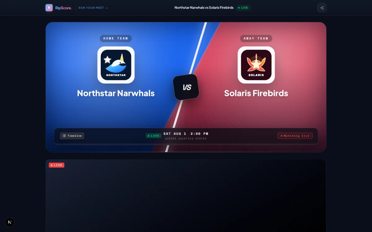 Privacy-safe demo spectator page for Northstar Narwhals versus Solaris Firebirds with live status and video area