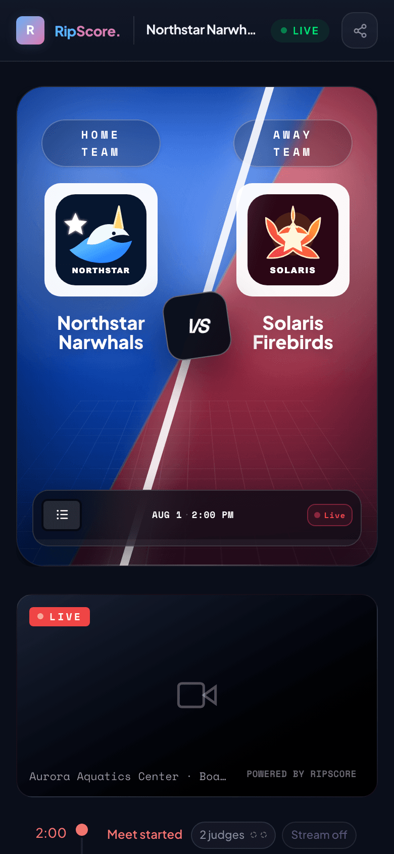 RipScore public spectator page live on a phone — Northstar Narwhals vs Solaris Firebirds matchup with live video panel